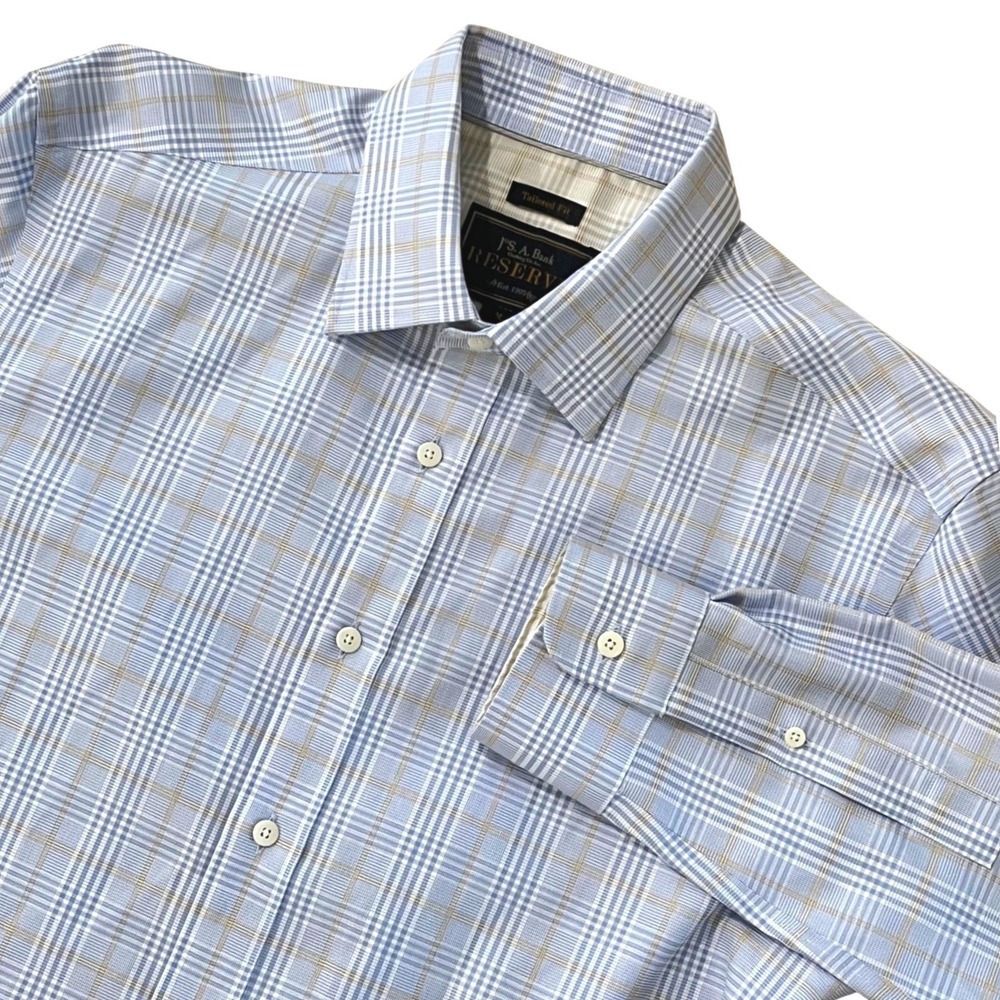 Jos. A. Bank Reserve Dress Shirt Medium Blue Plaid Tailored Fit Cotton Non-Iron